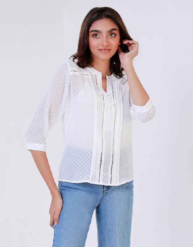 Catch Every Fashion Trend White Mandarin Collar Lace Pleats Top