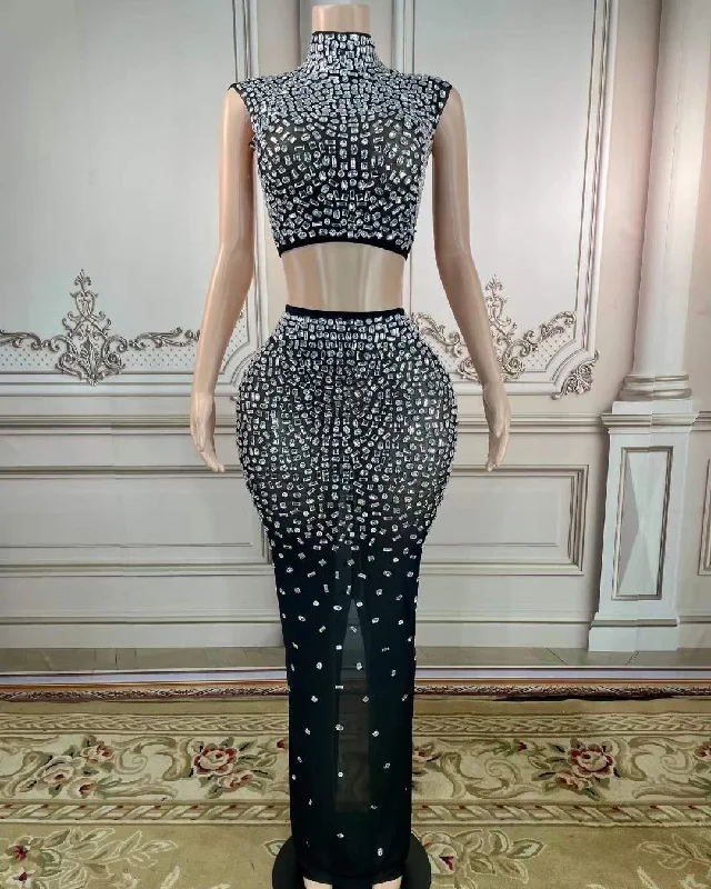Buy More, Save More Hot Selling Rhinestone Custom Design Sets Skirt Large Diamond Crystal Crop Topand Long Skirt Sets Women 2 Piece Party Outfits