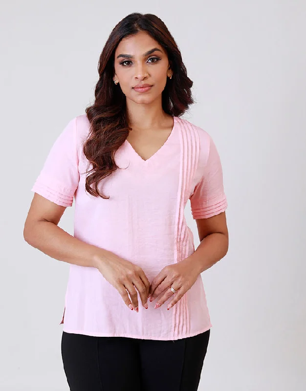 Sophisticated Style Offers V-Neck Pintuck Top with Side Slits