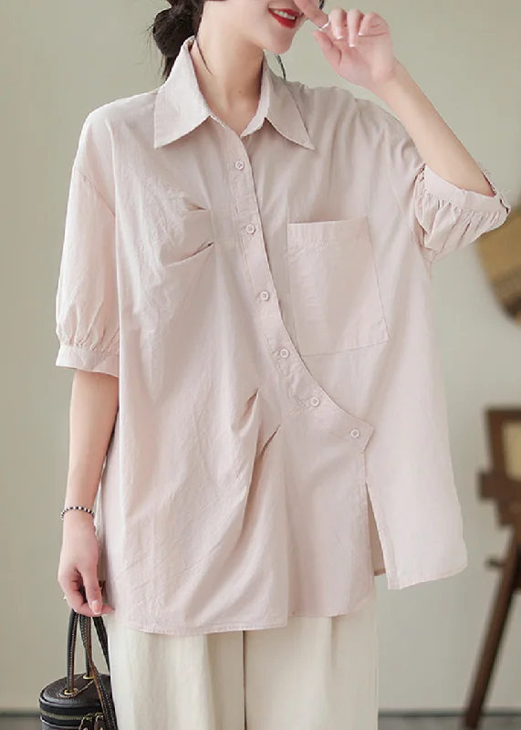 Feminine Luxe Style Sale Organic Light Pink Asymmetrical Design Oversized Cotton Shirt Tops Half Sleeve Feminine Luxe Style Sale Organic Light Pink Asymmetrical Design Oversized Cotton Shirt Tops Half Sleeve