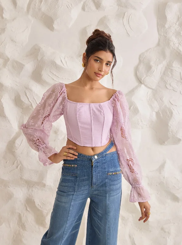 Street Chic Discounts Sasha Lavender Embroidered Organza Sleeve Corset Top