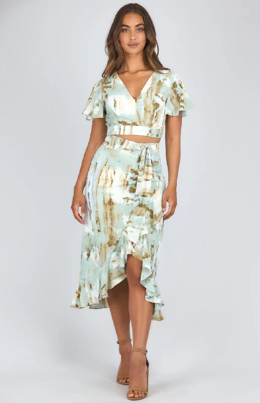 Step Ahead, Lead The Trend Abstract Printed Set With Wrap Top And Waterfall Hem Skirt