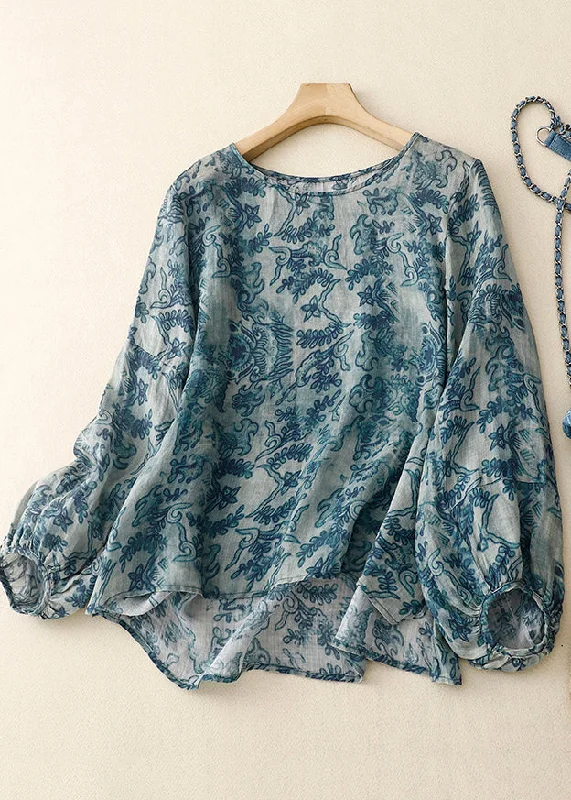 Vintage Style Deals Simple Blue Oversized Print Linen Shirt Tops Lantern Sleeve