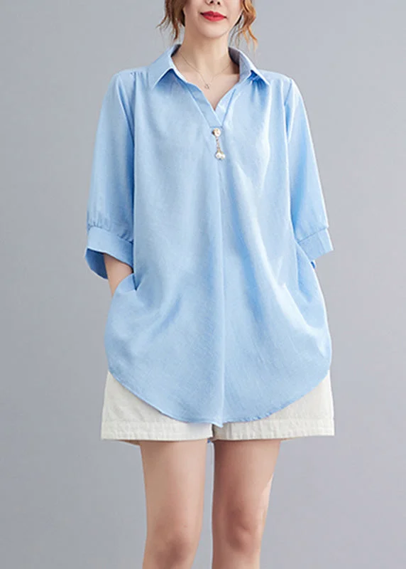 Unbeatable Deals Organic Light Blue Peter Pan Collar Linen Tops Summer