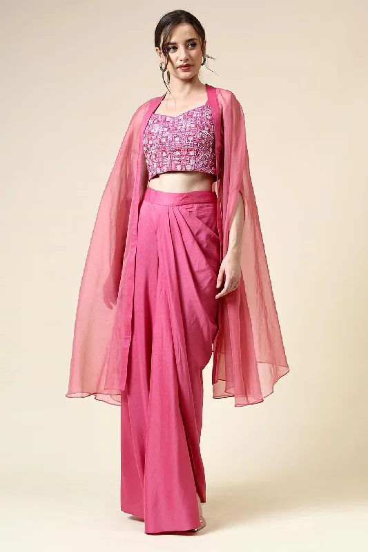 Statement Pieces At Statement Savings Pink Embellished Top & Skirt Set With Cape
