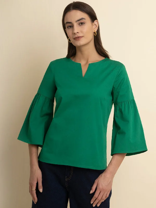 Timeless Style Promotions Cotton Gathered Sleeves Top - Green