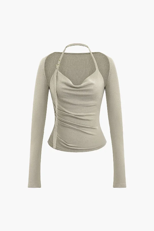 Budget Saver Ruched Tie-Up Long-Sleeve Top