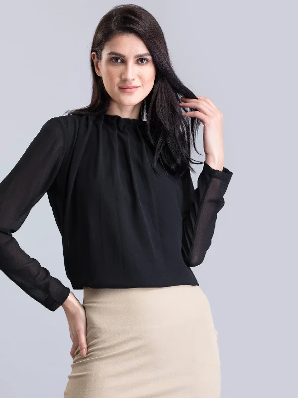 Final Sale High Neck Pleated Top - Black