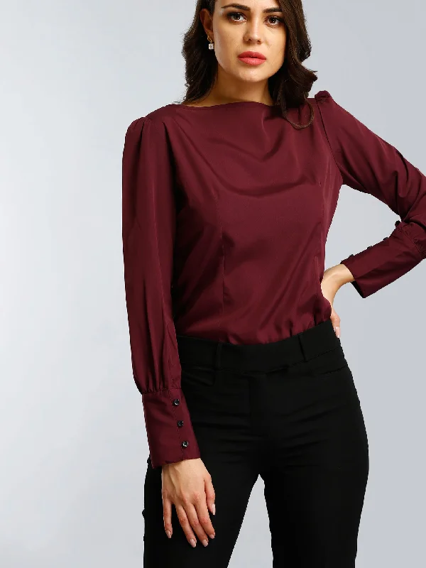 Best Deals Of The Season Boat Neck Top With Gather Details - Maroon