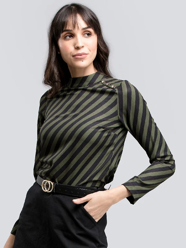Chic Styles, Sharp Prices Button Detail Striped Top - Black and Olive