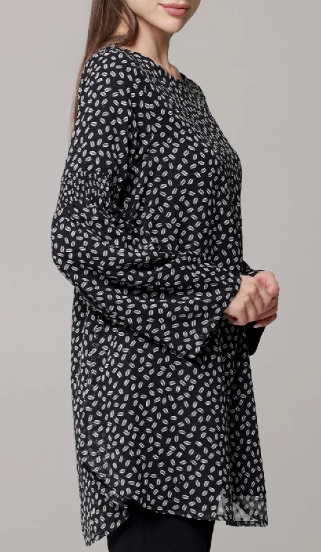 Chic Trend Collection Sundus Long Chiffon Print Modest Top - Black/White Dot - PREORDER (ships in 2 weeks)
