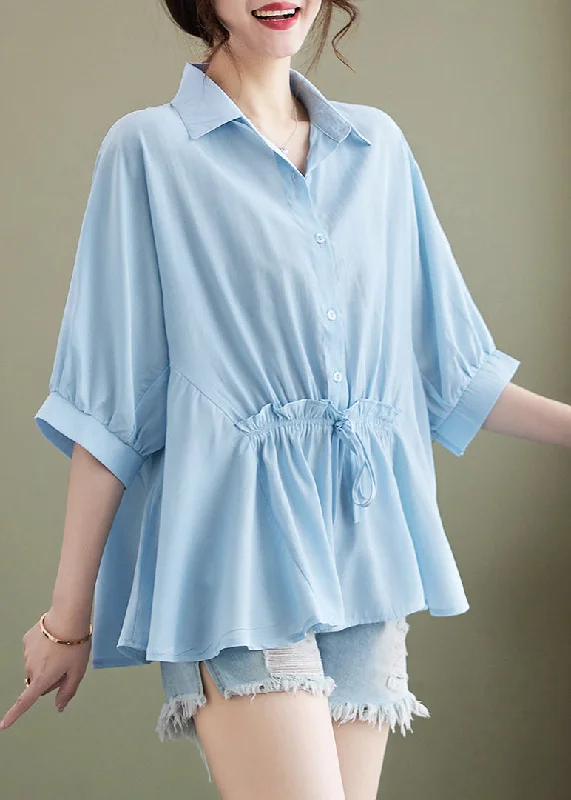 Fresh Fashion Discounts Plus Size Light Blue Peter Pan Collar Cinched Cotton Top Summer Fresh Fashion Discounts Plus Size Light Blue Peter Pan Collar Cinched Cotton Top Summer