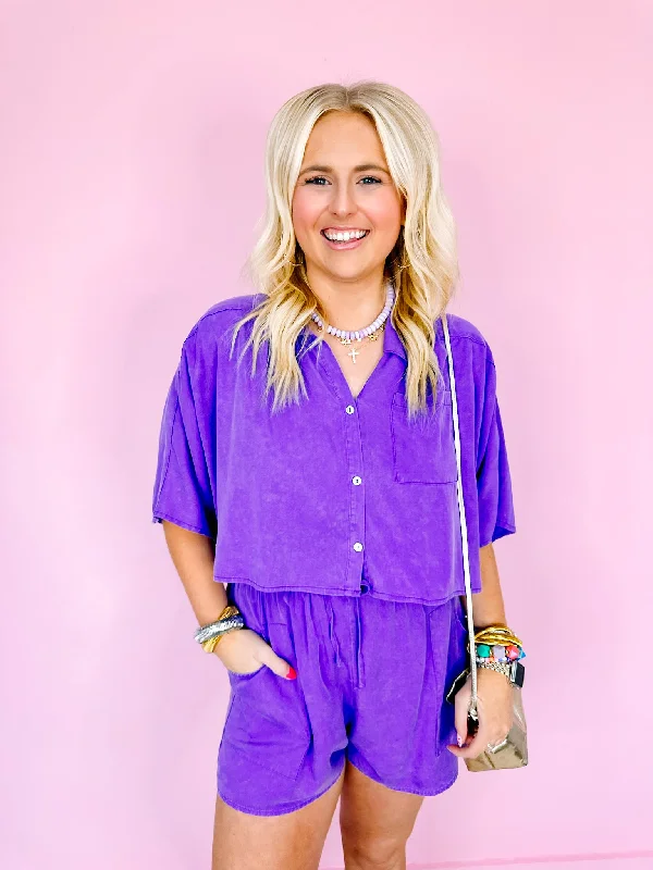 Urban Elegance Deals GWYN WASHED BUTTON UP TOP - PURPLE