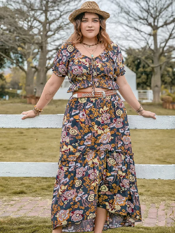 From Casual To Chic, All On Sale Plus Size Tie Neck Short Sleeve Top and Skirt Set