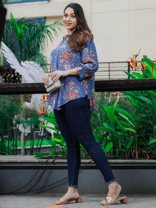 Day-To-Night Styles Premium Viscose Hi-Lo Top Collar Neck Denim Blue