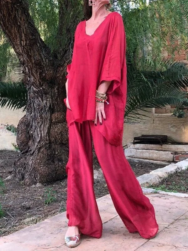 Hot Sale Casual Loose V Neck Top Trouser Suit