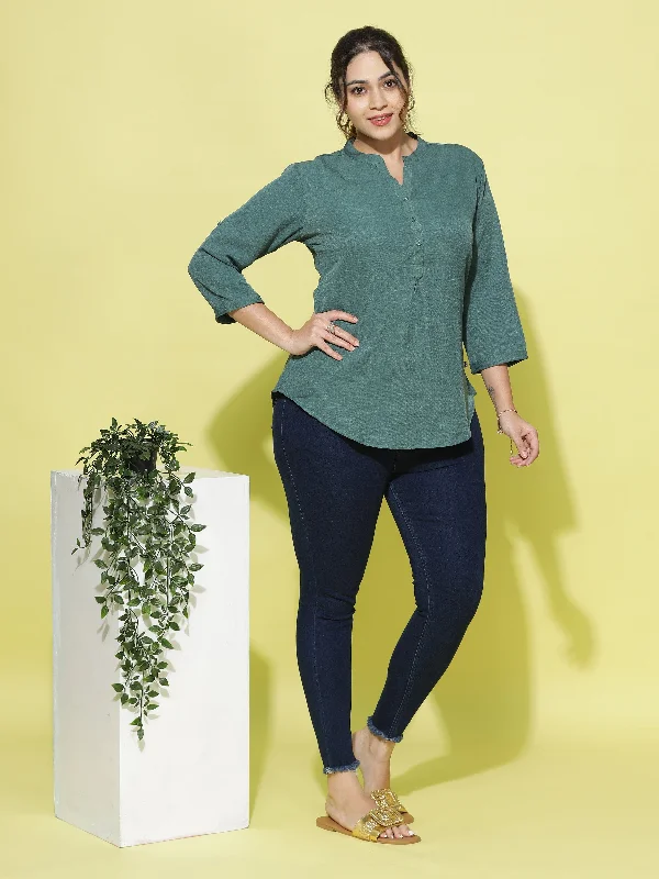 The Sale You'Ve Been Waiting For Premium Cotton Blend Top Fancy Mandarin Neck Green