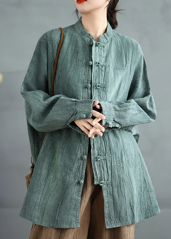 Holiday Glam Women Green Stand Collar Chinese Button Cotton Shirt Top Spring
