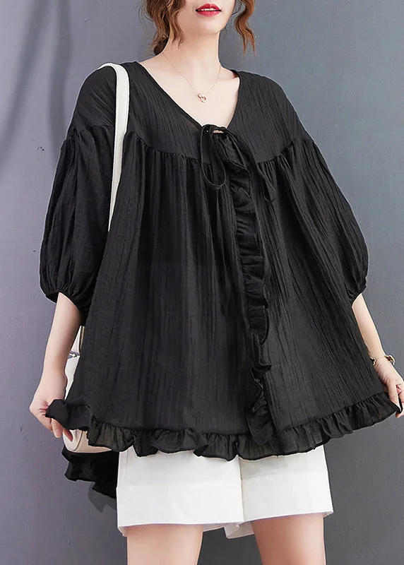 Fashion Forward Italian Black Ruffled Lace Up Cotton Shirt Top Lantern Sleeve