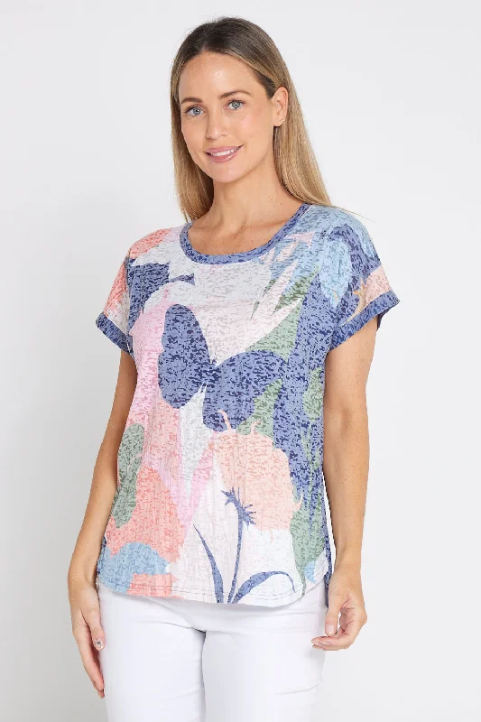 Vintage Style Deals Layla Print Burn-Out Top - Navy Butterfly
