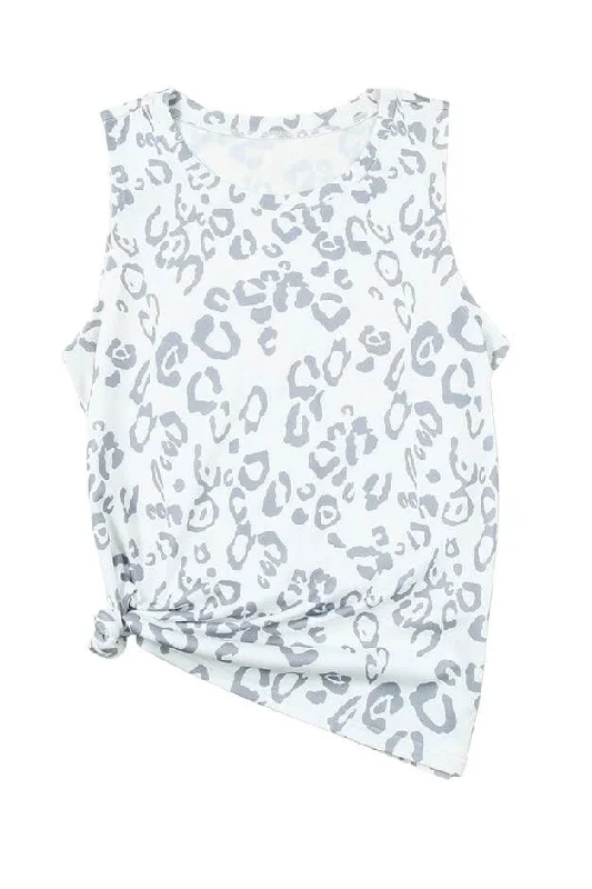 Spring Fashion Grey Leopard Print Crew Neck Top