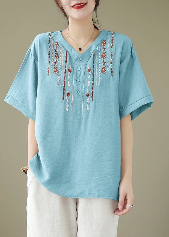 Style Revolution Light Blue Cotton Shirt Top Oversized Embroideried Summer