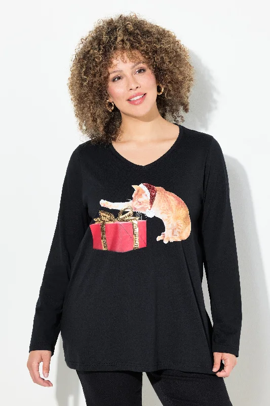 Stupidly Low Prices Ulla Popken Christmas Cat Top in Black