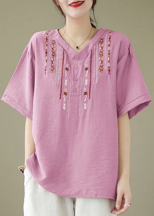 Luxury Casual Deals Women Pink V Neck Embroideried Cotton Tops Summer