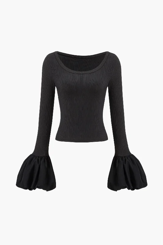 Polished Style Deals Puff Sleeve Patchwork Long-Sleeve Top