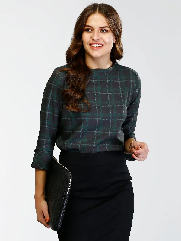 Limited-Time Offer High Round Neck Plaid Top - Black and Green