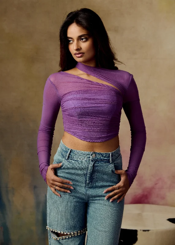 Shop Smart, Save Big Arfa Purple Asymmetrical Neckline Ruched Mesh Corset Top