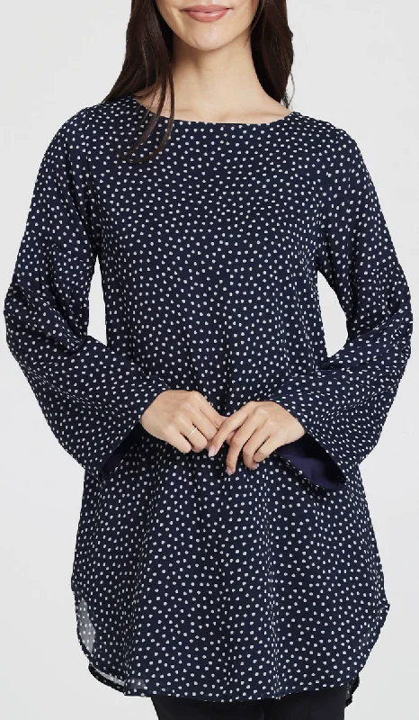 Fashion Forward, Function First Sundus Long Chiffon Print Modest Top - Navy Dot