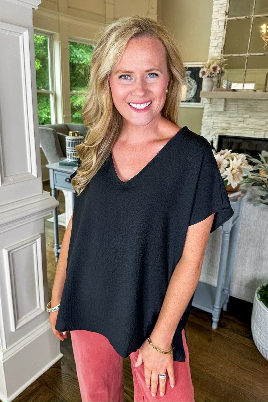 Chic & Cozy Collection The Whitney Textured V Neck Staple Shift Top Black