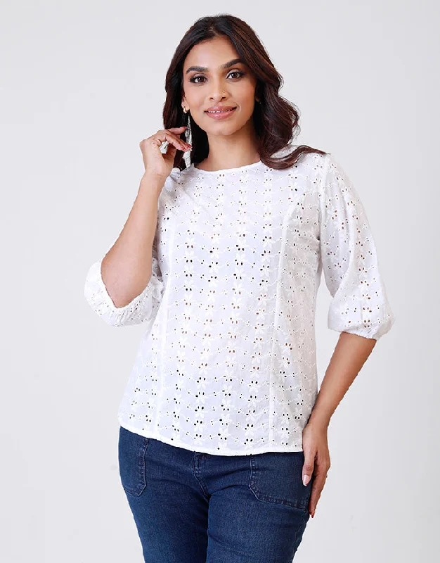 Affordable Trendy Fashion White Cut-Lawn Top with Puff Sleeves