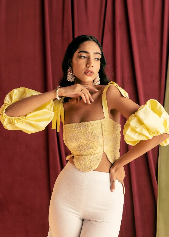 Retro Style Promotions Esther Yellow Embroidered Tie Sleeve Corset Top
