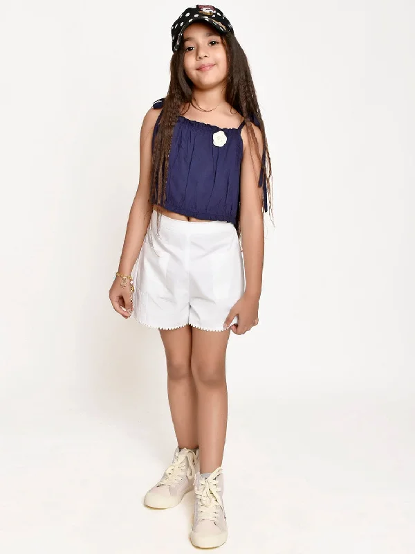 Buy More, Save More Navy Flower Embellished Top with  White Shorts