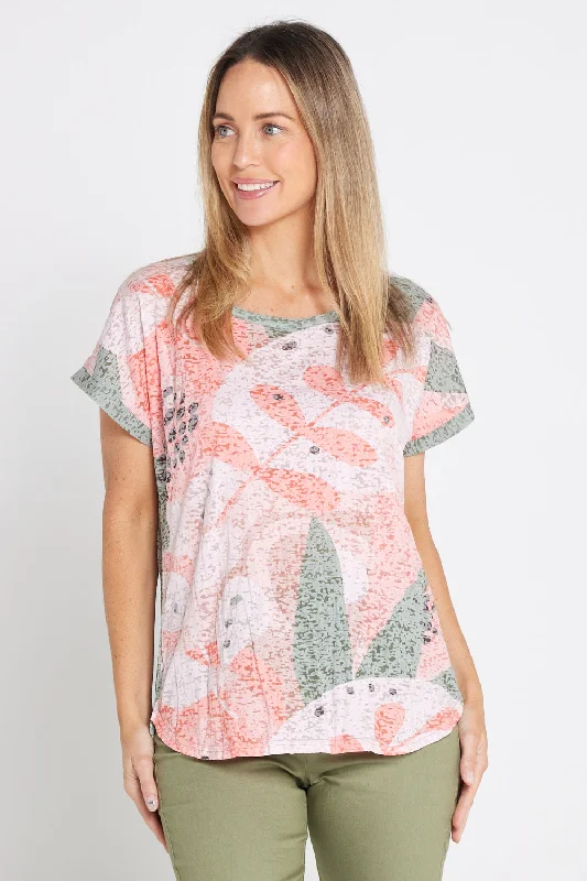 Vintage Style Deals Layla Print Burn-Out Top - Khaki Blush