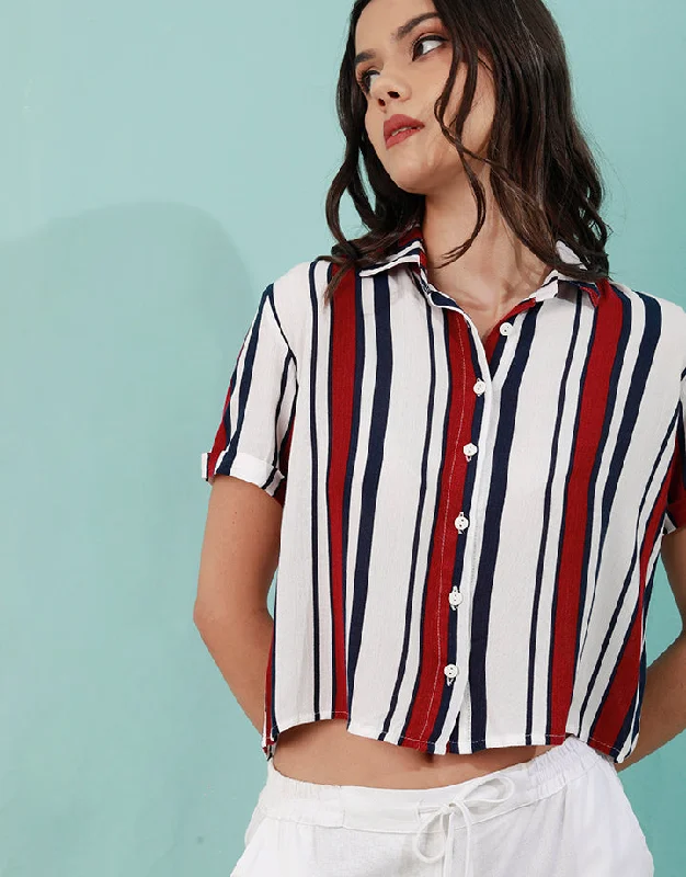 Luxury Fashion Striped Crop Top Shirt with Short Sleeves