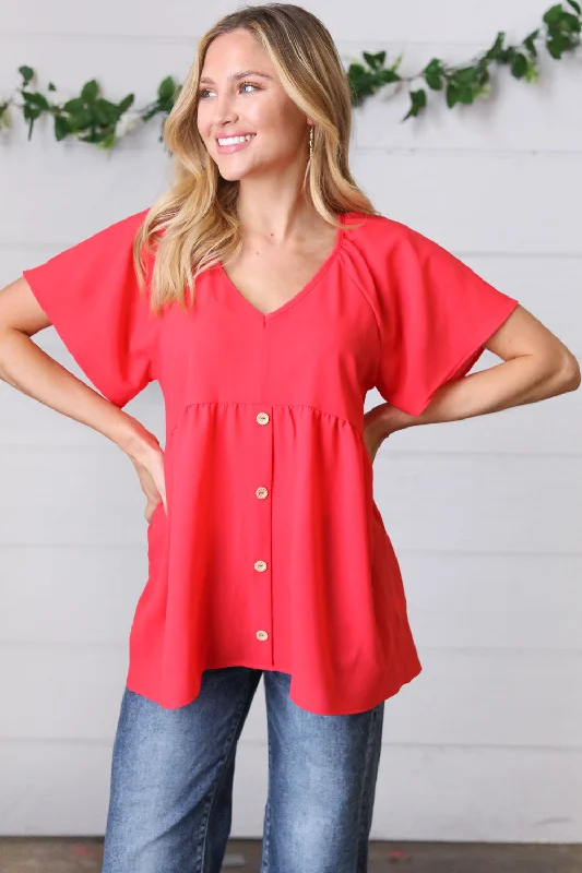 Romantic Chic Deals Cherry Red Babydoll Button Down Raglan Woven Top
