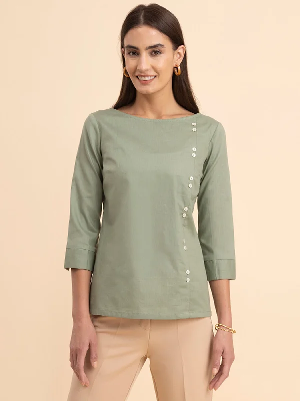 Retro Style Promotions Linen Boat Neck Top - Sap Green