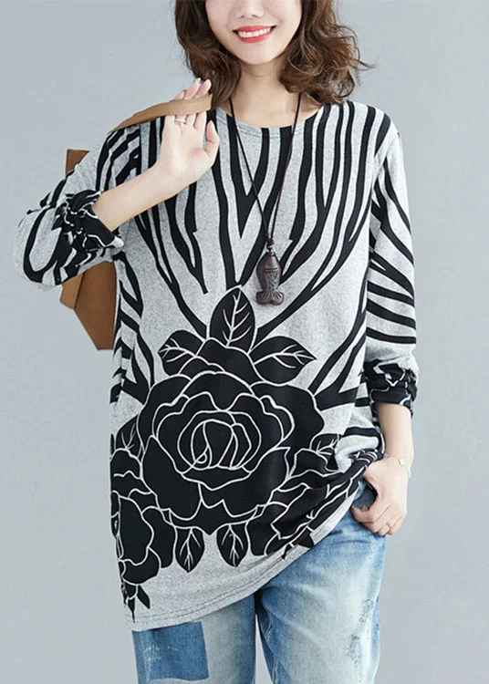 Get More, Spend Less Today New Grey O Neck Print Patchwork Cotton Top Fall