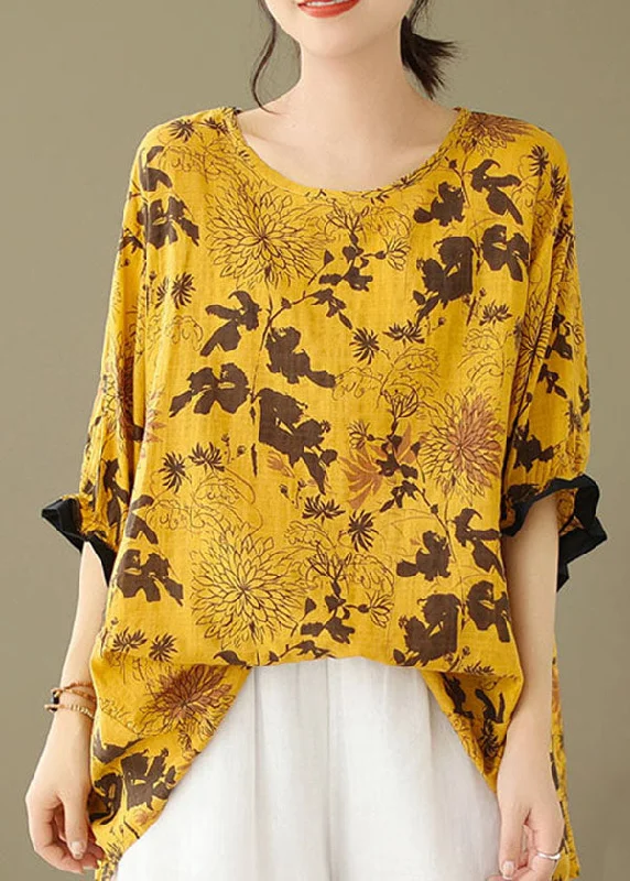 Discounted Prices, Elevated Looks Yellow Print Patchwork Cotton Loose Tops O Neck Summer Discounted Prices, Elevated Looks Yellow Print Patchwork Cotton Loose Tops O Neck Summer
