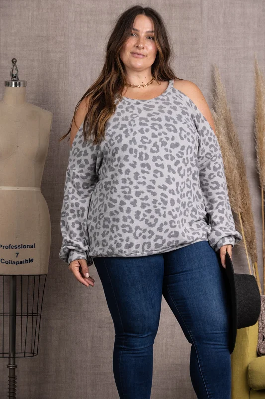 Shop Sales CHARCOAL LEOPARD PRINT COLD SHOULDER PLUS SIZE TOP-CT43644F-PL