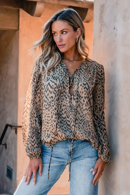 Trendy Pulse Black and Tan Print Tie Detail Top - FINAL SALE