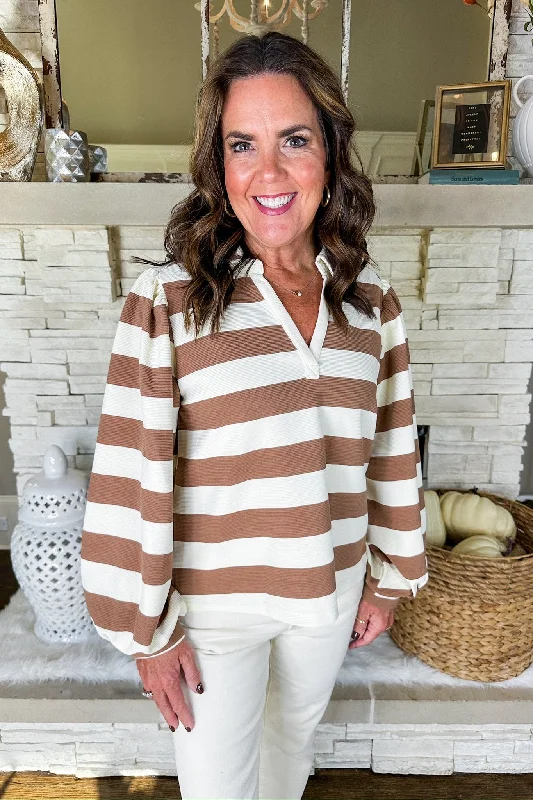 End-Of-Week Exclusive Deals Collared Notch Neck Striped Puff Sleeve Top in Taupe