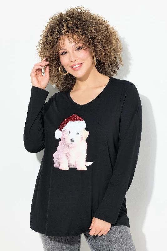 Catch Every Fashion Trend Ulla Popken Christmas Puppy Top in Black