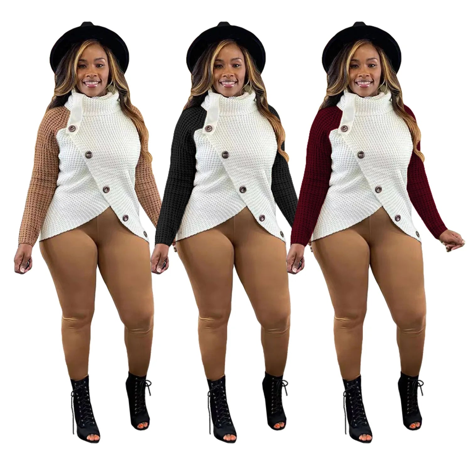 Fashion Sale Ladies Knitted Sweater Women Fashionable Sweater Tops with Colorful Patchwork Trendy Pullover Knitted Sweater with Turtleneck