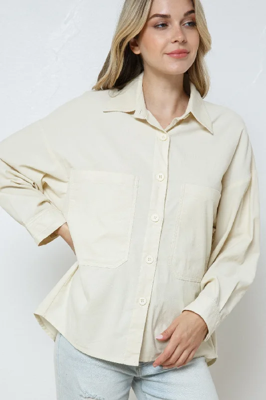 Huge Price Cut IVORY COTTON COLLARED PATCH POCKET SHIRT TOP T7649