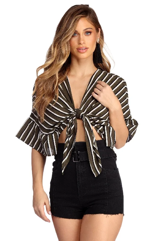 Sustainable Fashion Extravaganza Striped And Ruffled Tie Front Top