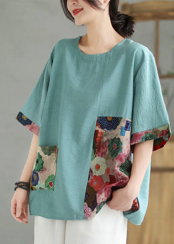 Chic And Trendy Lake Blue Print Patchwork Linen T Shirt Top O Neck Summer